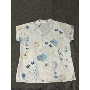 Unbranded Women's Large Blouse White Blue Floral V-Neck Short Sleeve Casual